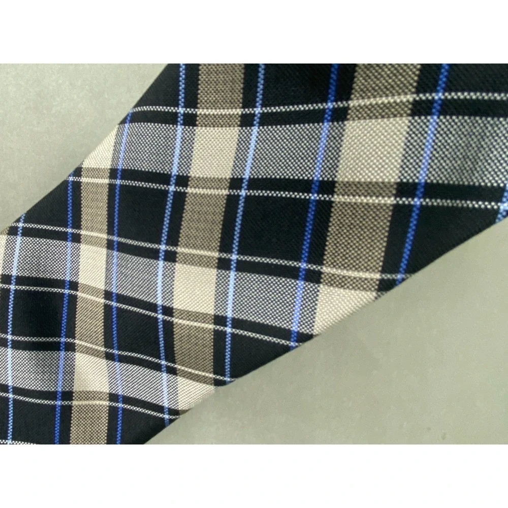 Chaps Mens Tie Black Tan Blue Plaid‎ Silk Classic Preppy